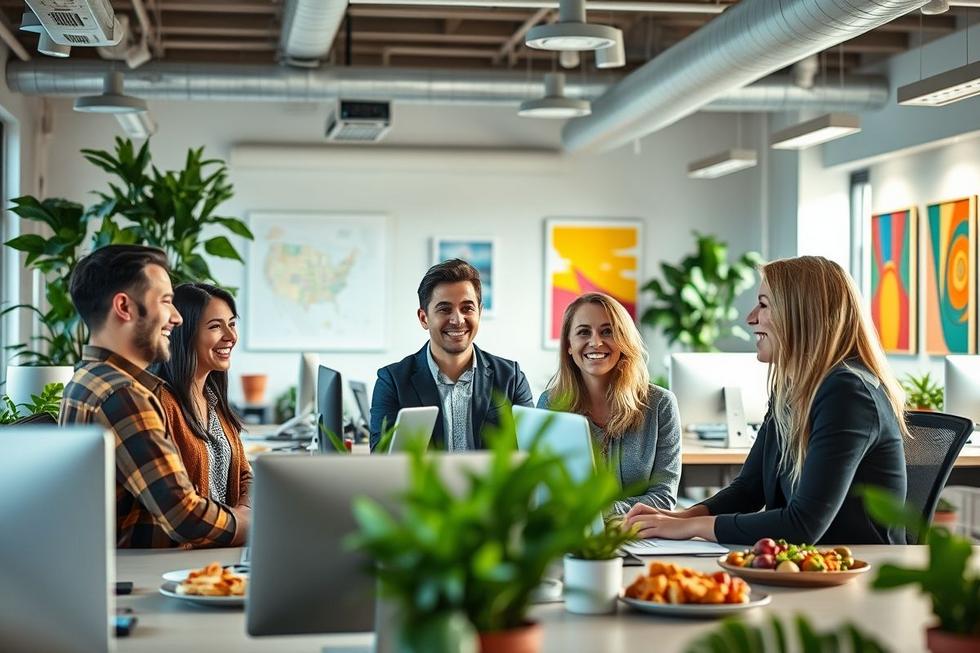 Colaboradores felizes e saudáveis no ambiente de trabalho.