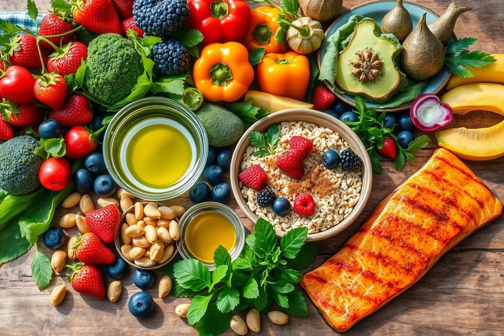 Alimentos naturais e saudáveis para controle do colesterol dispostos em uma mesa rústica com iluminação natural.