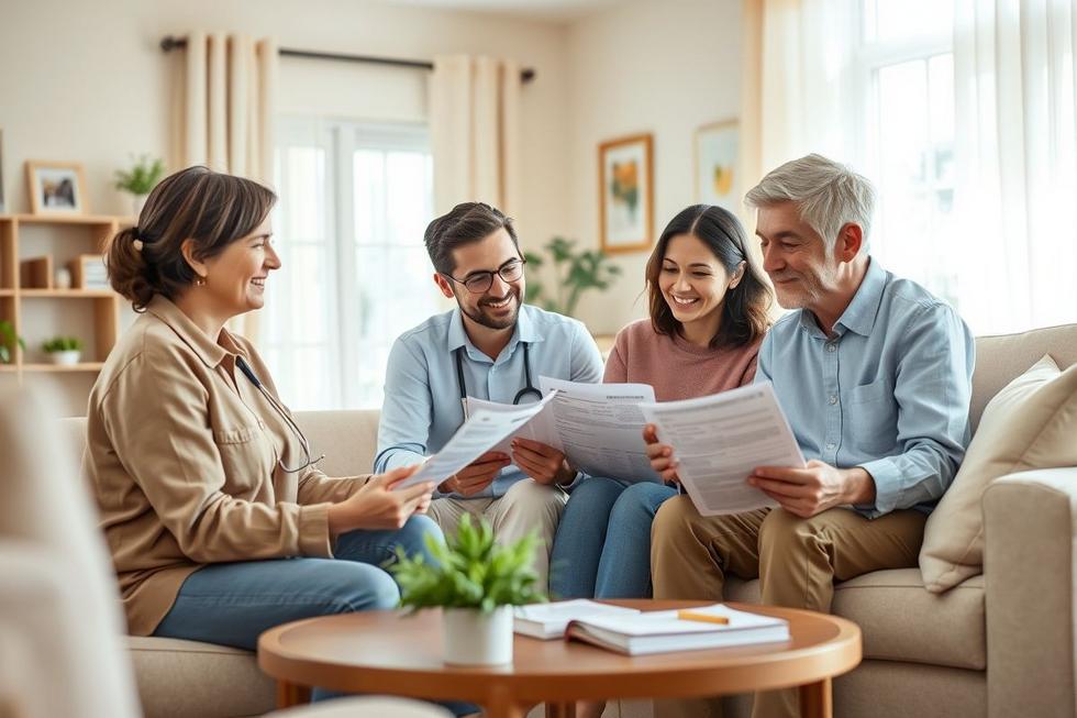 Família reunida consultando documentos com um profissional de saúde em ambiente aconchegante.