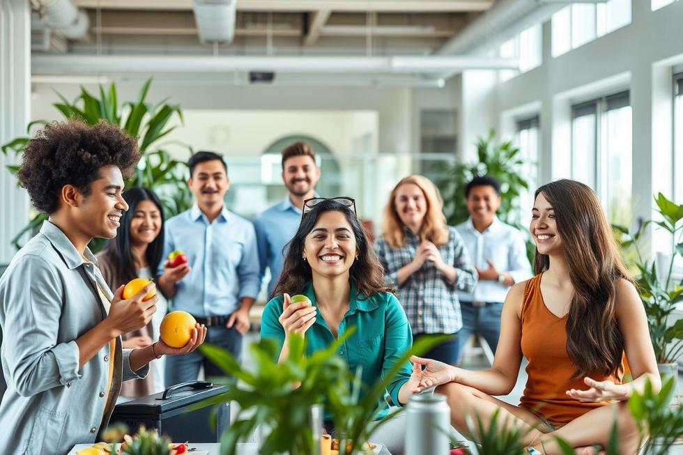 Grupo de pessoas de diferentes idades e etnias cuidando da saúde com alimentação, exercícios e relaxamento em ambiente corporativo.