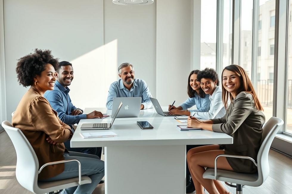 Time diversificado de PME discutindo sobre planos de saúde em ambiente profissional