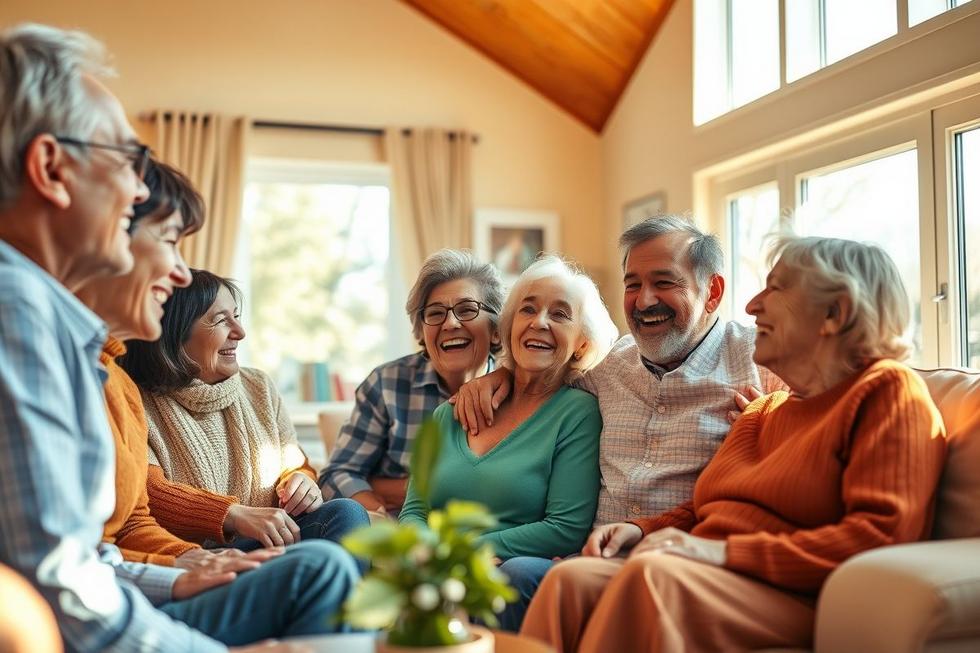 Grupo de pessoas sorrindo e interagindo em sala de estar, representando saúde e segurança familiar.