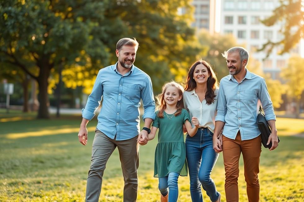 Família caminhando feliz ao ar livre, demonstrando saúde, cuidado e união.