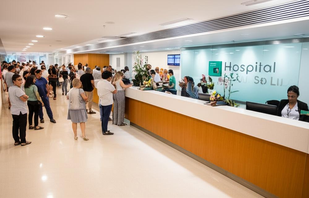 Recepção do Hospital São Luiz com profissionais de saúde atendendo pacientes.