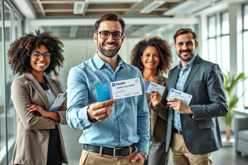 Gestor de recursos humanos distribuindo cartões de plano de saúde para equipe diversa com sorrisos no escritório.