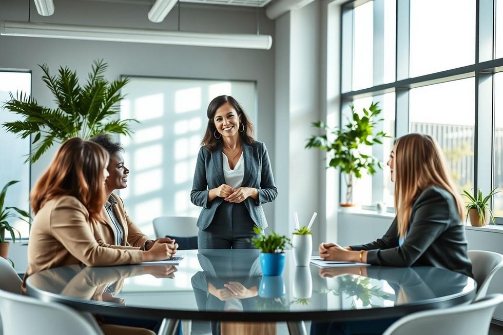 Gestor de recursos humanos sorridente conduzindo reunião com equipe diversa sobre plano de saúde empresarial.