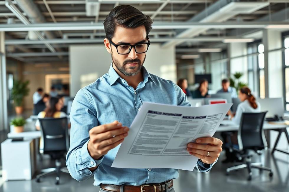 Empresário em escritório moderno analisando documentos de plano de saúde, colaboradores ao fundo.