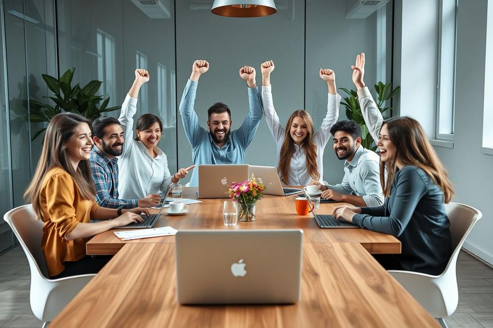Pequena equipe de startup comemorando sucesso ao redor de mesa de reunião moderna com laptops e café.