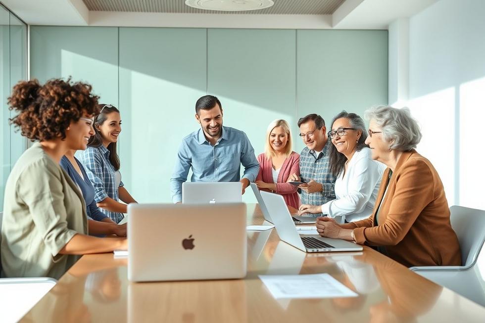 Grupo diversificado de pessoas analisando planos de saúde com foco e tranquilidade em ambiente moderno.