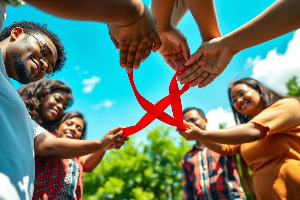 Pessoas diversas formando círculo com fitas vermelhas, representando união e apoio na luta contra o HIV.