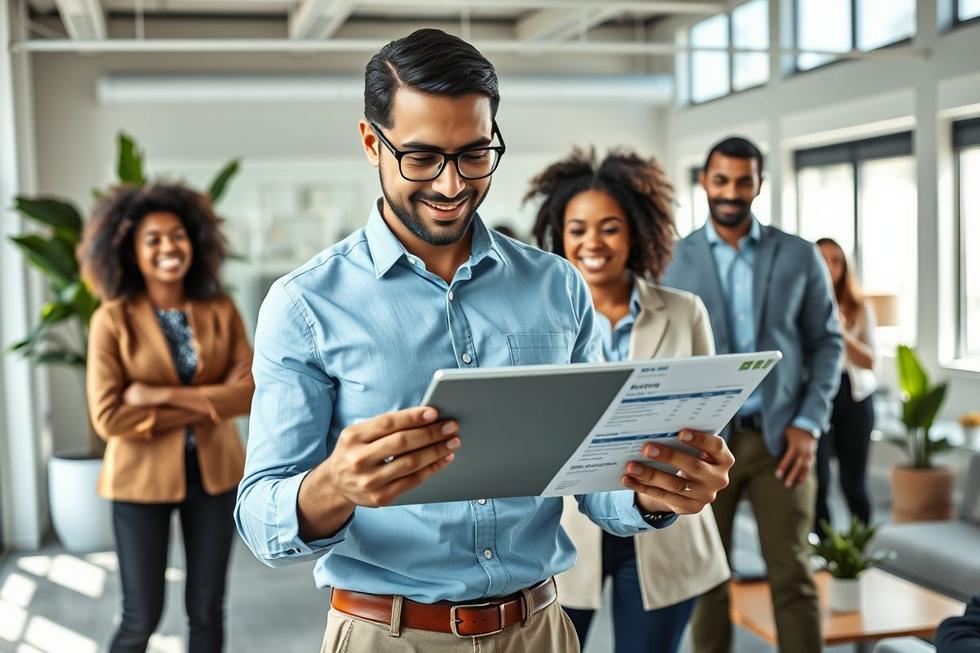 Profissional de RH com tablet digital, cercado por colaboradores satisfeitos em escritório contemporâneo.