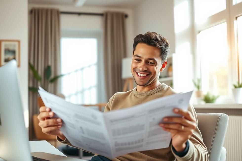 Pessoa confiante compreendendo as regras dos planos de saúde para doenças preexistentes. Pessoa feliz e segura analisando documentos de plano de saúde em ambiente moderno