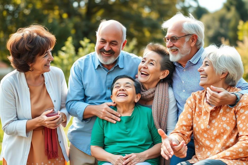 Família de várias gerações reunida ao ar livre, feliz e tranquila.
