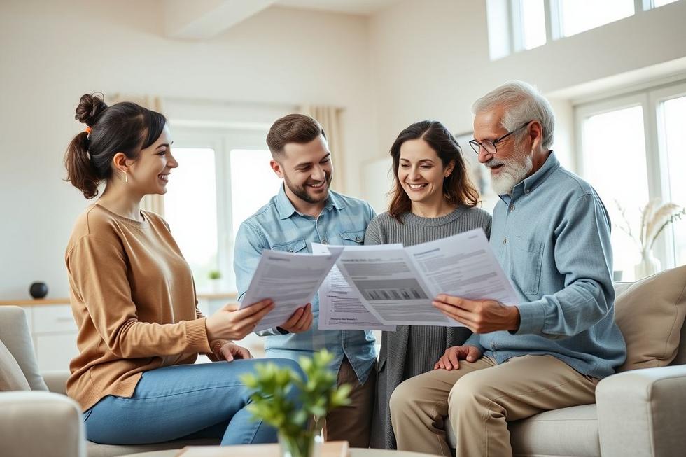 Família em sala moderna discutindo documentos de planos de saúde, com expressões de confiança e alívio.