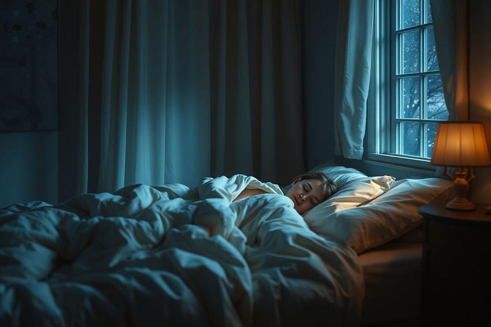 Pessoa dormindo tranquilamente em um quarto aconchegante durante a noite, com luz suave entrando pela janela.