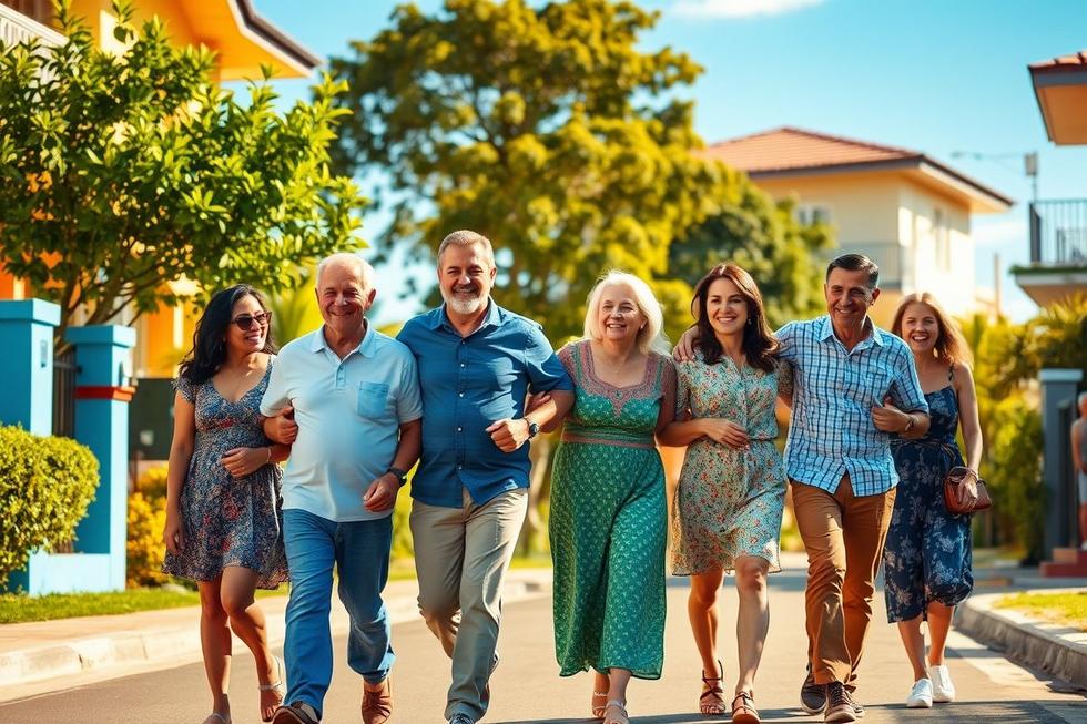 Família diversa caminhando feliz em rua residencial de Guarulhos simbolizando proteção em saúde.