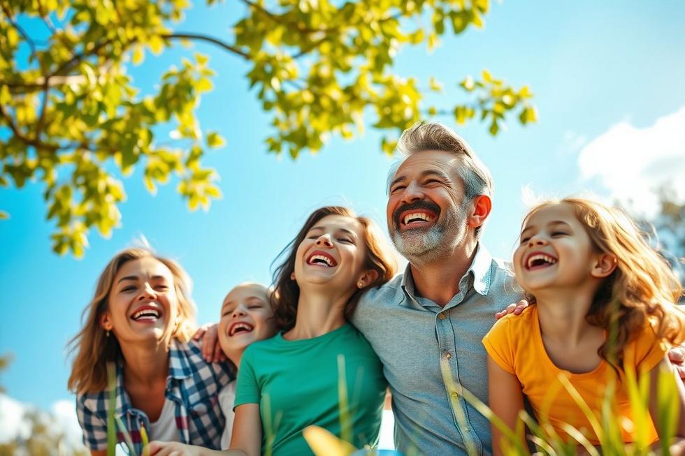 Família sorridente em um parque, representando segurança e saúde confiável