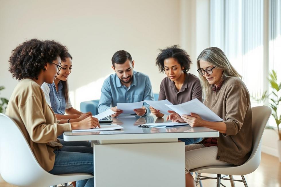 Grupo diversificado de pessoas preenchendo formulários de saúde em ambiente claro e moderno, transmitindo segurança e compreensão.