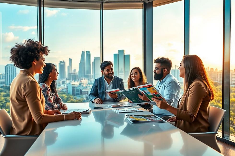 Grupo diverso em São Paulo conversando com consultor sobre planos de saúde e opções de cobertura.