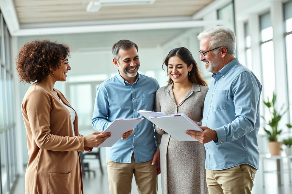 Família feliz e grupo de profissionais conversando em um escritório moderno sobre planos de saúde.