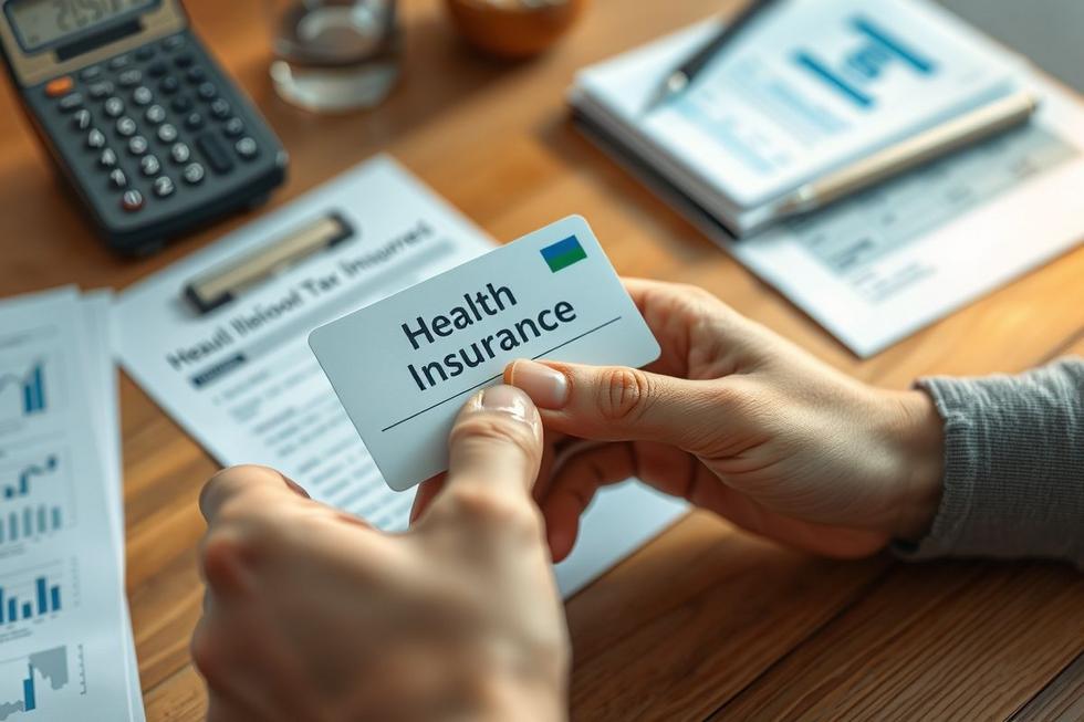 Mãos segurando um cartão de plano de saúde com documentos e calculadora sobre mesa de madeira ao fundo.