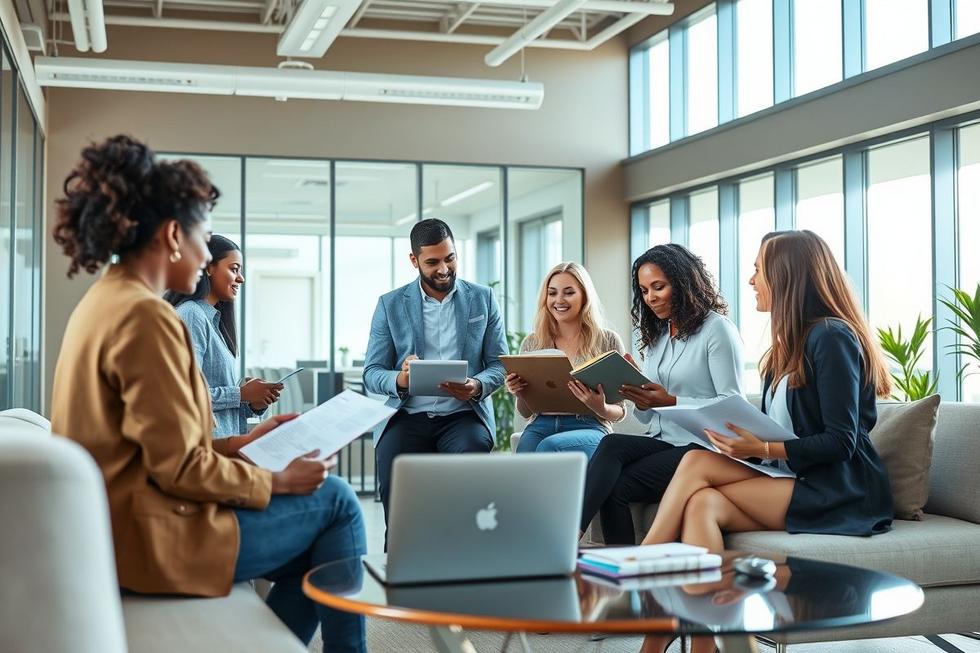 Grupo diverso em ambiente clínico moderno conversando e avaliando opções de planos de saúde com expressões confiantes.