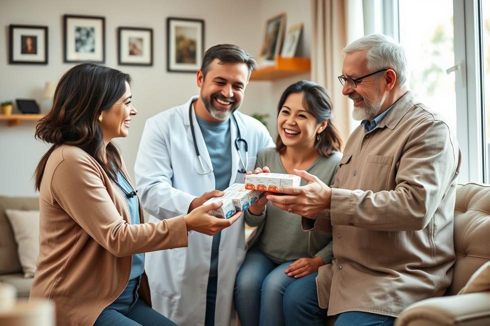 Família recebendo medicamentos com a ajuda de profissional de saúde, simbolizando segurança no plano de saúde.