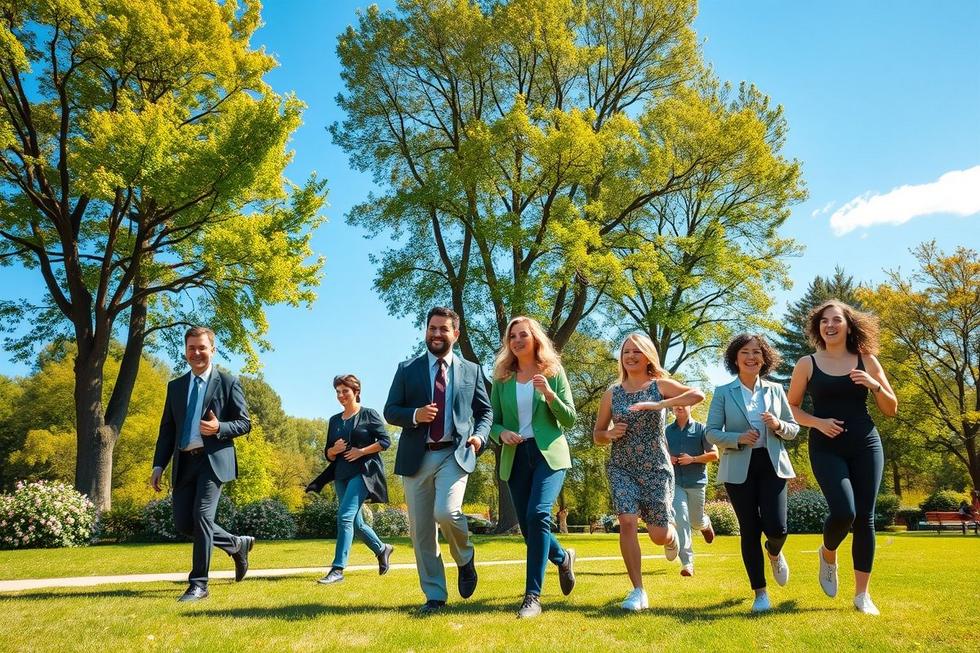 Grupo variado de pessoas realizando caminhadas e alongamentos em parque ao ar livre, expressando saúde e equilíbrio.