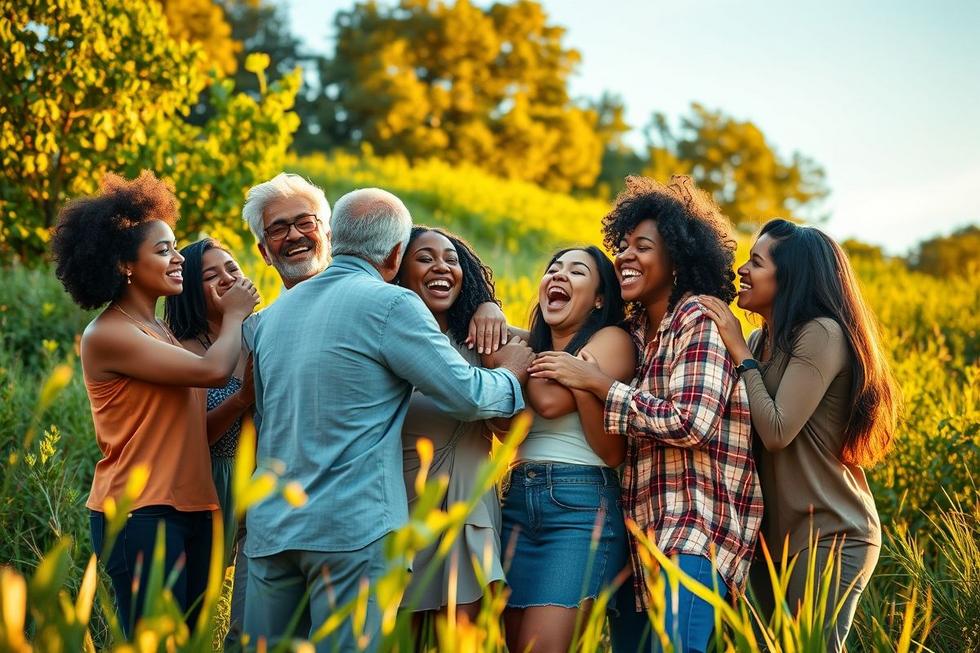 Grupo de amigos felizes abraçados em ambiente natural, simbolizando a amizade e seu impacto positivo na saúde física e emocional.