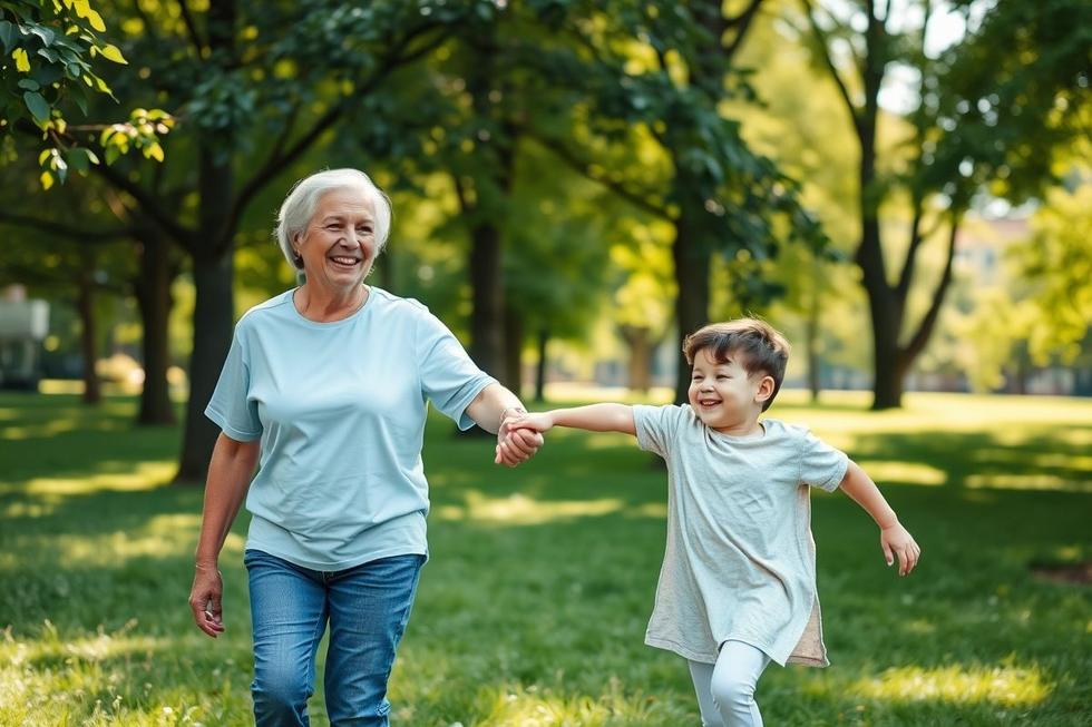 Pai segurando a mão de criança sorridente caminhando em parque ensolarado e verde.