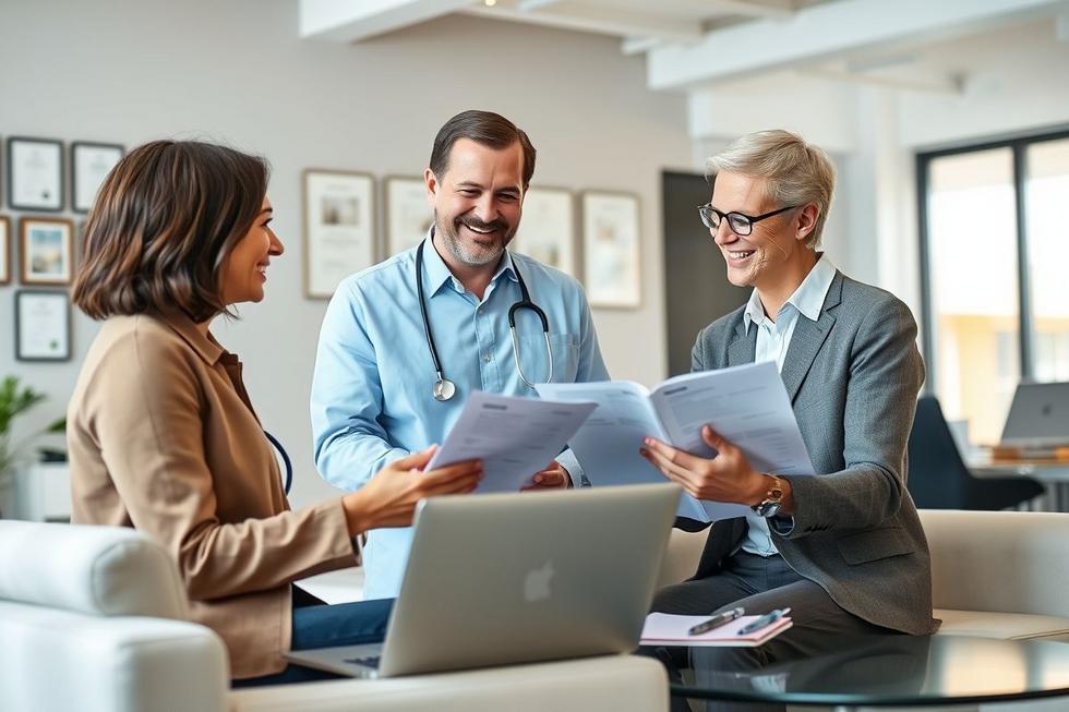 Consultor sorridente orientando cliente em ambiente de escritório sobre opções de planos de saúde.
