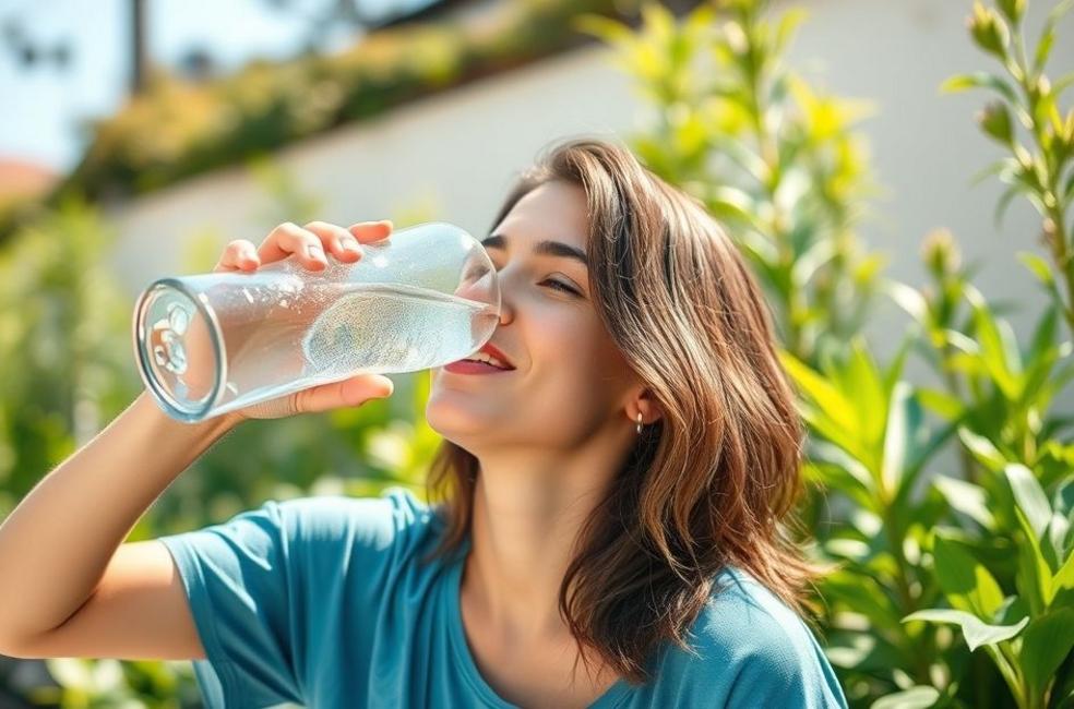 Pessoa bebendo água com gás sorridente em um ambiente natural, com luz solar e plantas ao redor.