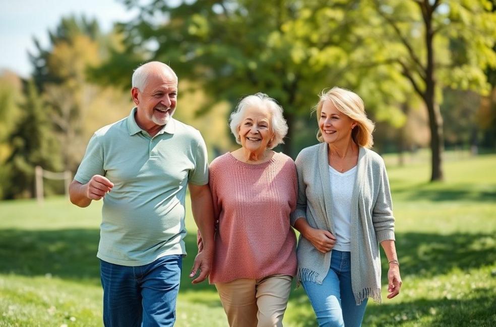 Casal idoso caminhando com filhos adultos em um parque ensolarado, todos sorrindo e com aparência saudável.