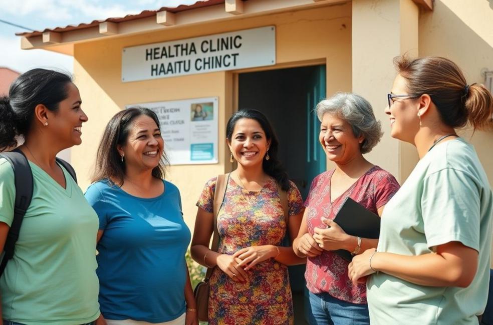 Pessoas felizes e confiantes em frente a clínica de saúde em Macapá. Grupo diverso de pessoas sorrindo e conversando em área externa de clínica em Macapá.