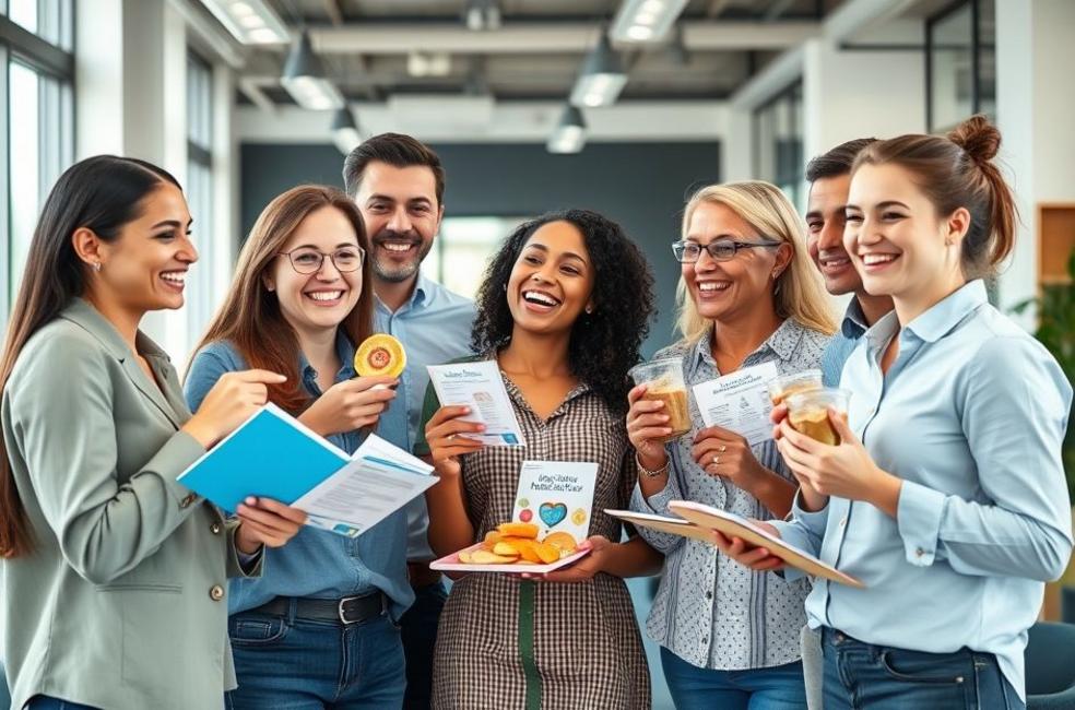 Colaboradores diversos celebrando em ambiente de trabalho moderno, transmitindo saúde e bem-estar.