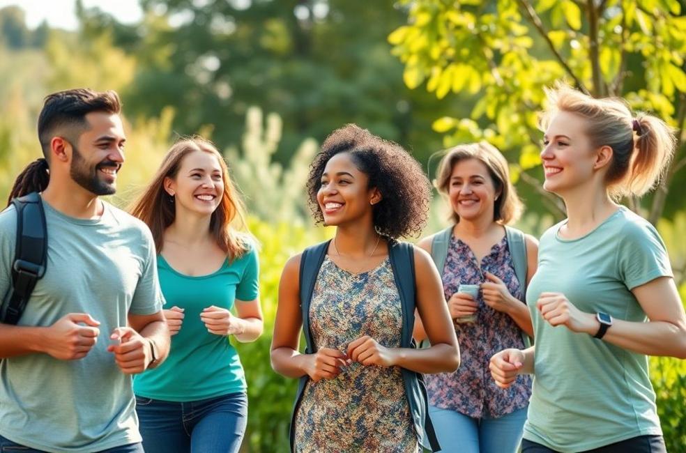 Grupos diversos praticando atividades ao ar livre em um dia brilhante, promovendo saúde preventiva e bem-estar.