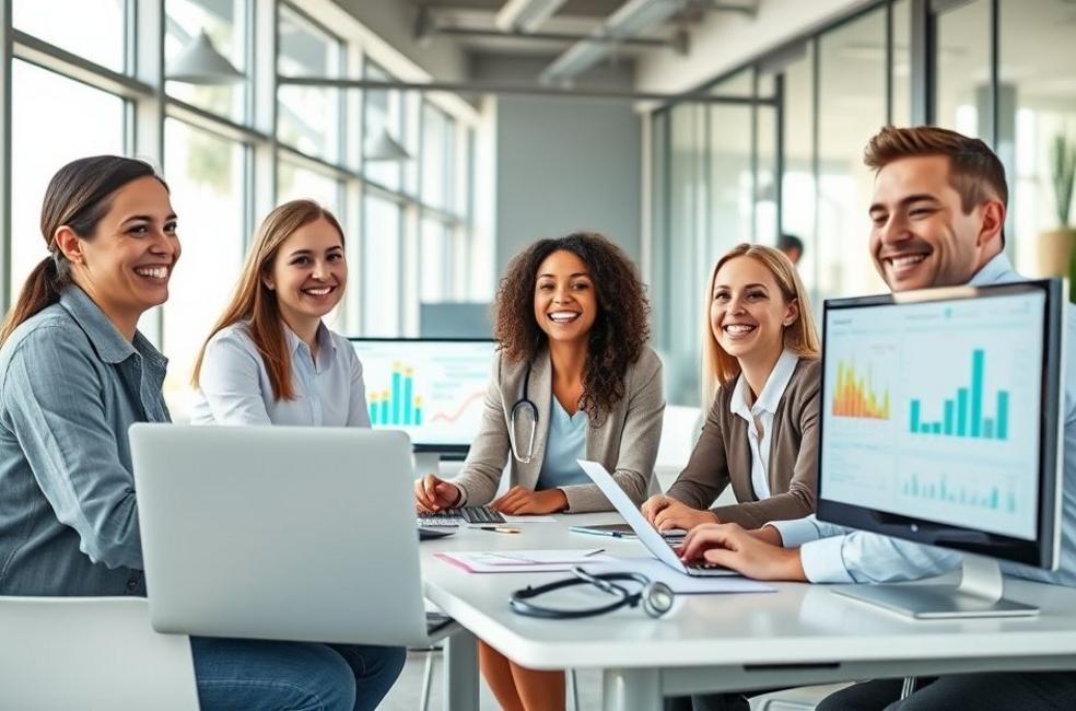 Equipe diversificada de funcionários felizes em escritório moderno, simbolizando saúde empresarial acessível