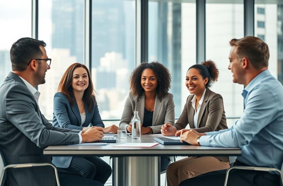 Grupo diverso de executivos em reunião estratégica sobre planos de saúde corporativos.