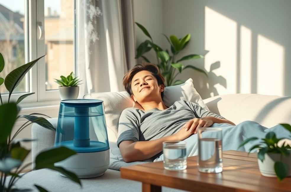 Pessoa descansando em casa com umidificador ligado, plantas ao redor e luz natural destacando um ambiente de bem-estar.