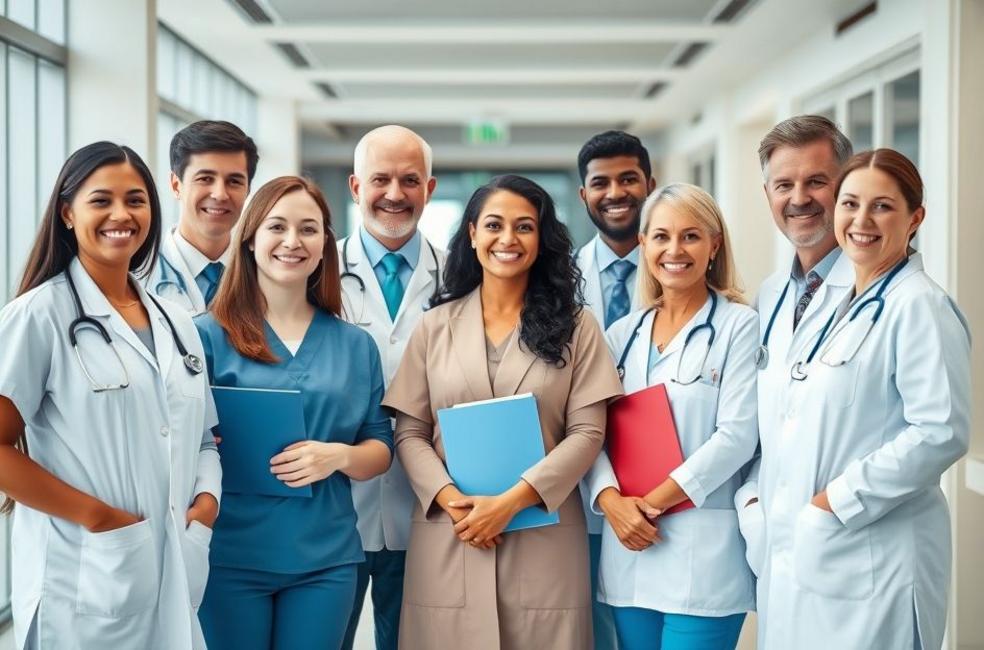 Equipe diversificada de profissionais de saúde em um hospital moderno, transmitindo confiança e profissionalismo.