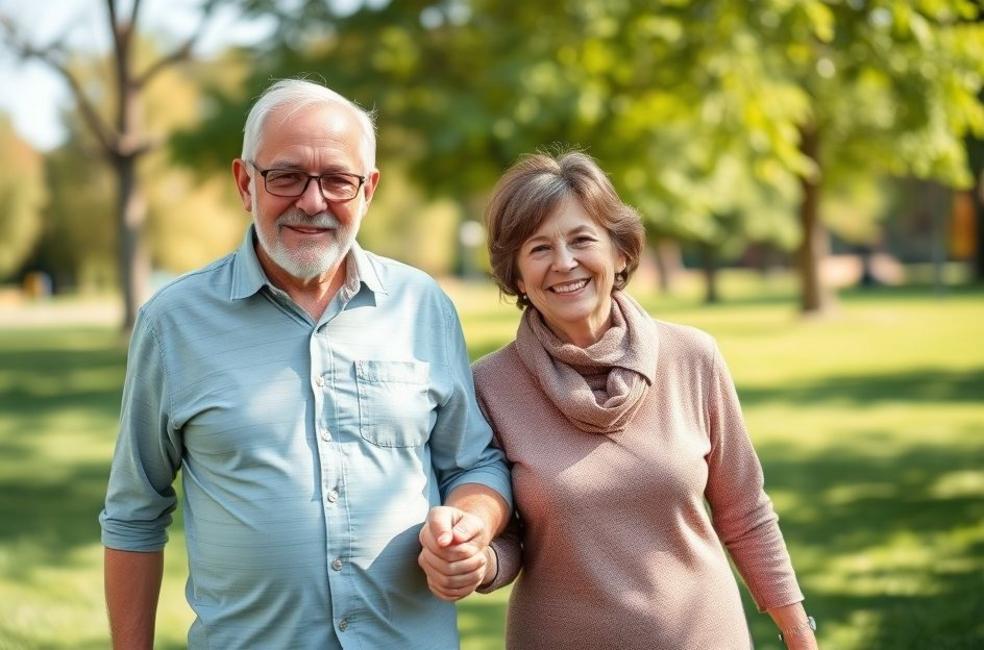 Casal acima de 50 anos sorrindo e segurando as mãos ao ar livre, simbolizando segurança em saúde