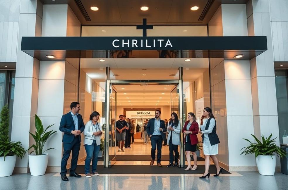 Entrada de hospital particular sofisticado em São Paulo com pessoas chegando e equipe de recepção acolhedora.
