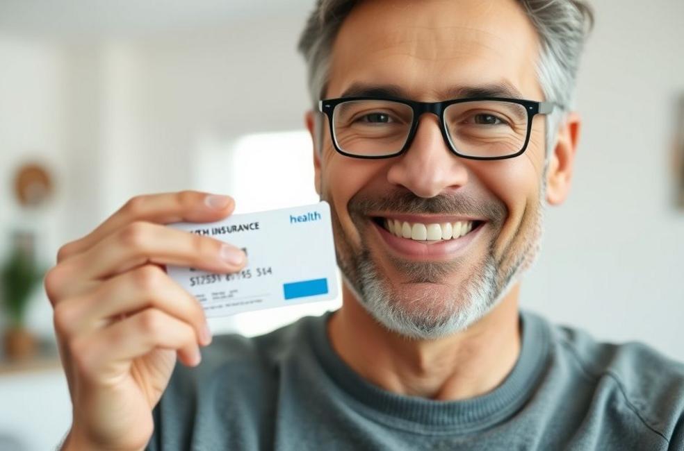 Pessoa sorrindo e segurando cartão de plano de saúde em ambiente iluminado