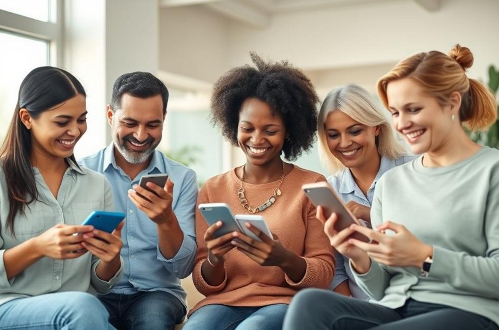 Pessoas usando smartphones e interagindo via WhatsApp para reembolso Omint em ambiente claro e tranquilo