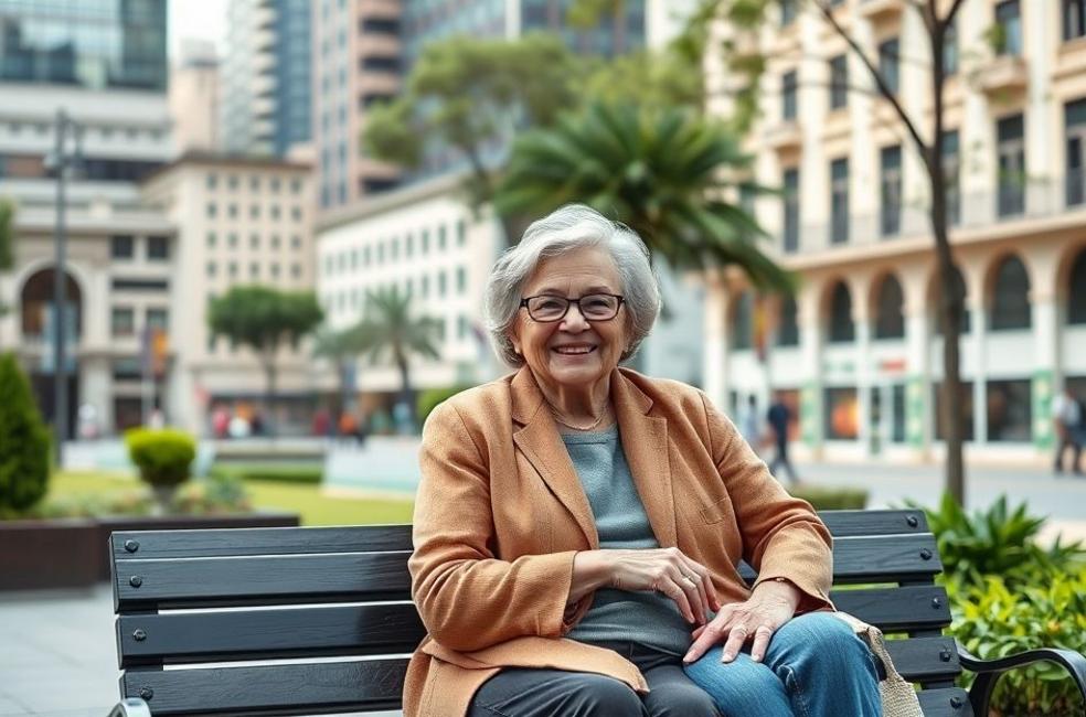 Homem e mulher idosos sentados em banco de praça na cidade de São Paulo, representando saúde e segurança.