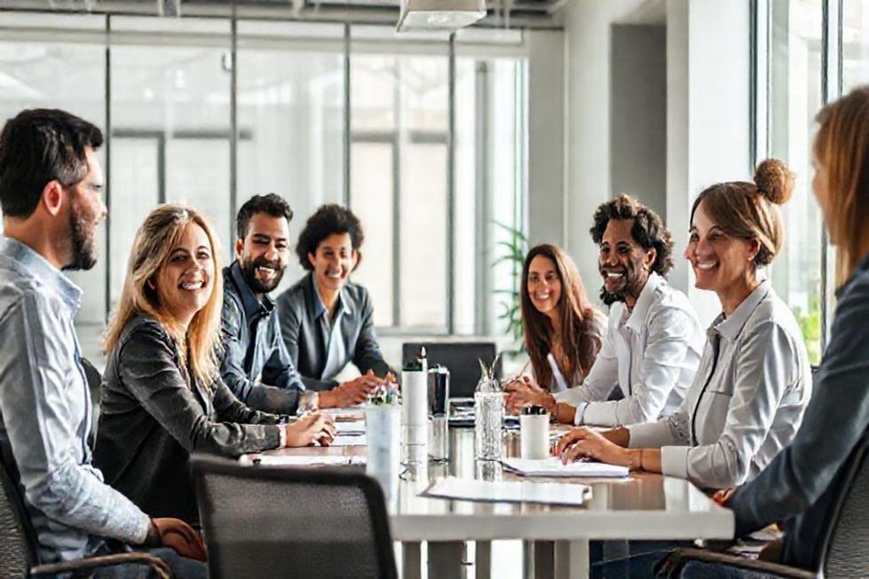Colaboradores diversos em ambiente corporativo moderno demonstrando saúde, motivação e trabalho conjunto.